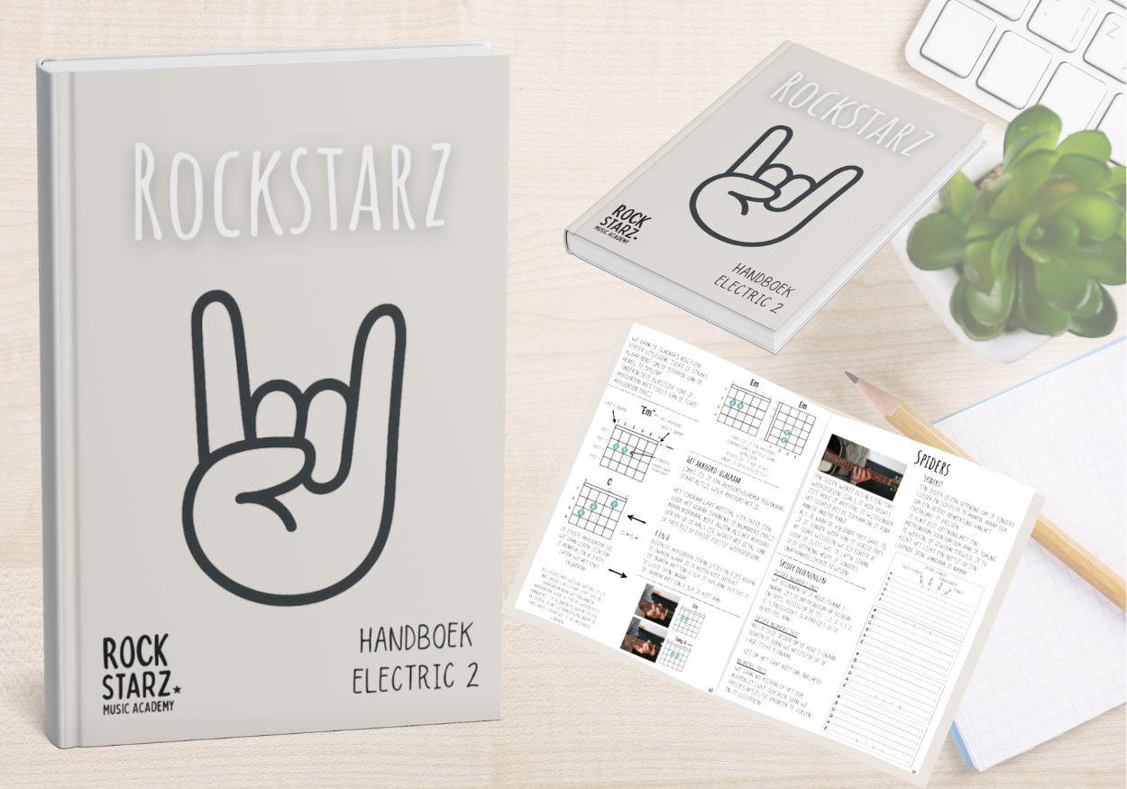 Music practice materials on a light wood desk including a large book titled 'ROCKSTARZ' with a hand making a rock sign, a smaller handbook also titled 'ROCKSTARZ', a sheet of paper with guitar chord diagrams and notes, a green potted succulent, a wooden pencil, a part of a white keyboard, and an open graph paper notebook.