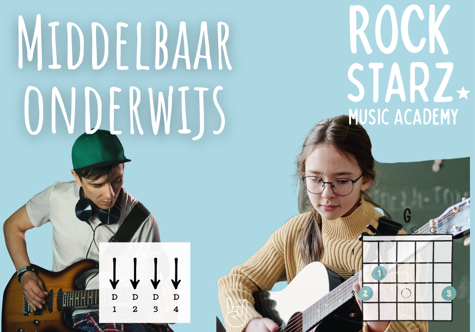 People playing guitars with musical notes and chord diagrams on a blue background.