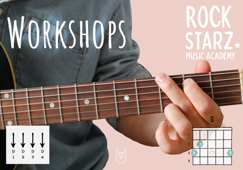 Participant holding a guitar fretboard, in front of a pink background with text 'WORKSHOPS' and 'ROCK STARZ MUSIC ACADEMY.' Includes a chord diagram for G major and an arrow diagram for D chords.