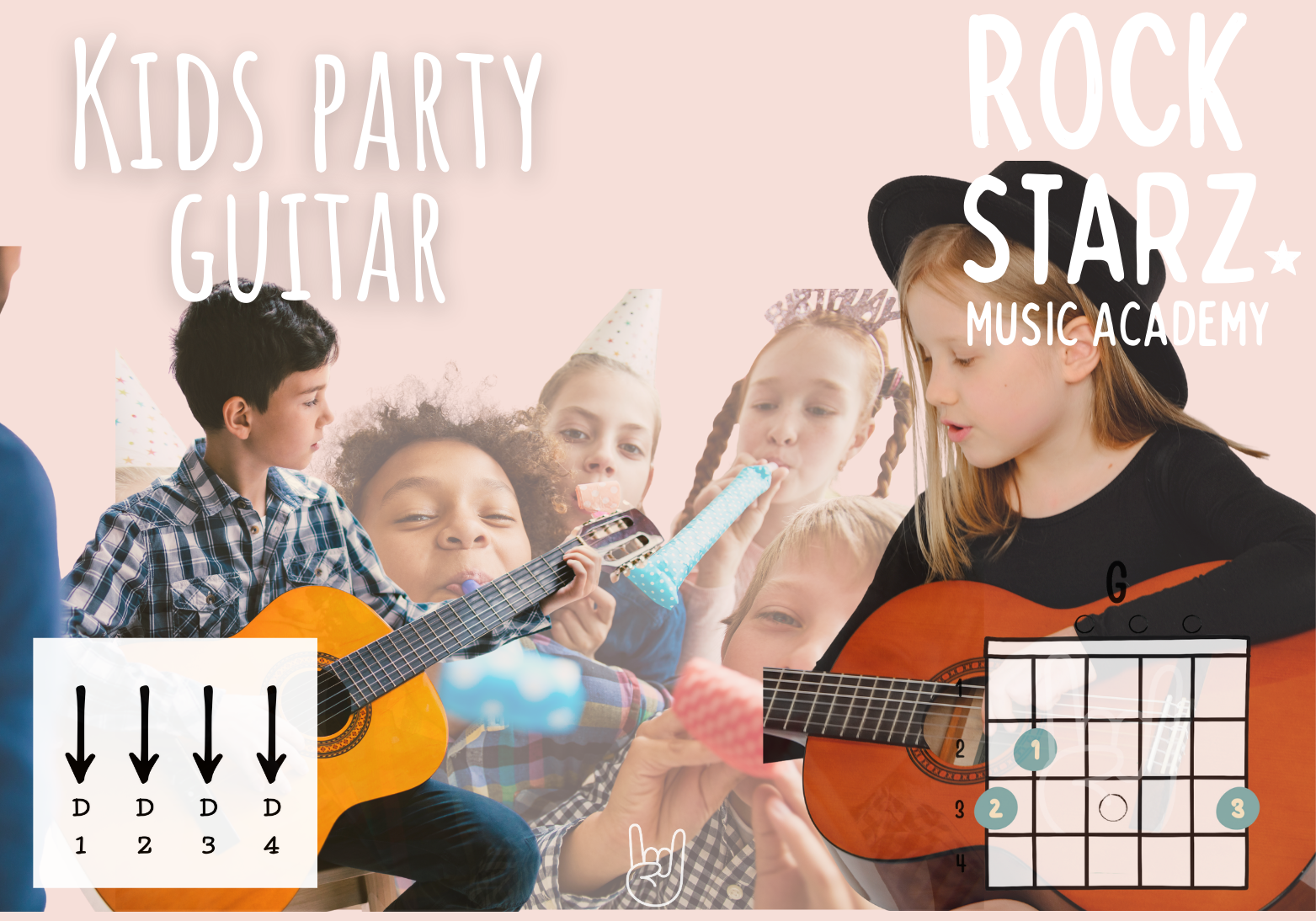 Kids at a music party wearing birthday hats, playing guitars, and having fun. Text overlay includes 'Kids Party Guitars,' 'Rock Star Music Academy,' and musical notes.