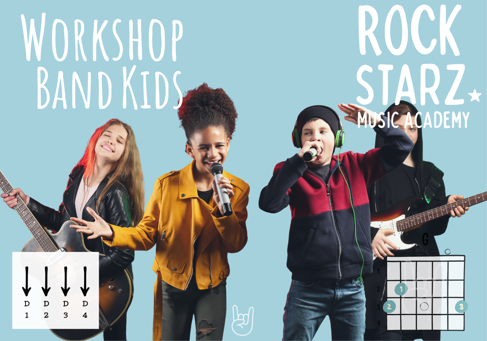 vier kinderen spelen gitaar en andere instrumenten. muziek gitaarles in Den Haag, Westland, Nederland, Zuid Holland, Amsterdam. Plezier, Fun, akkoorden leren