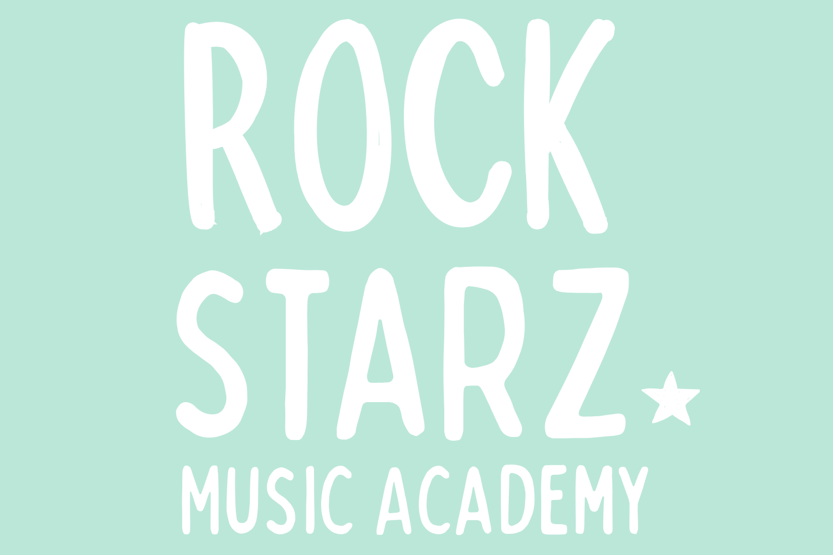 Light green background with large white handwritten-style text reading "ROCK STARZ" and smaller text below that says "MUSIC ACADEMY," with a small star at the end of "STARZ."