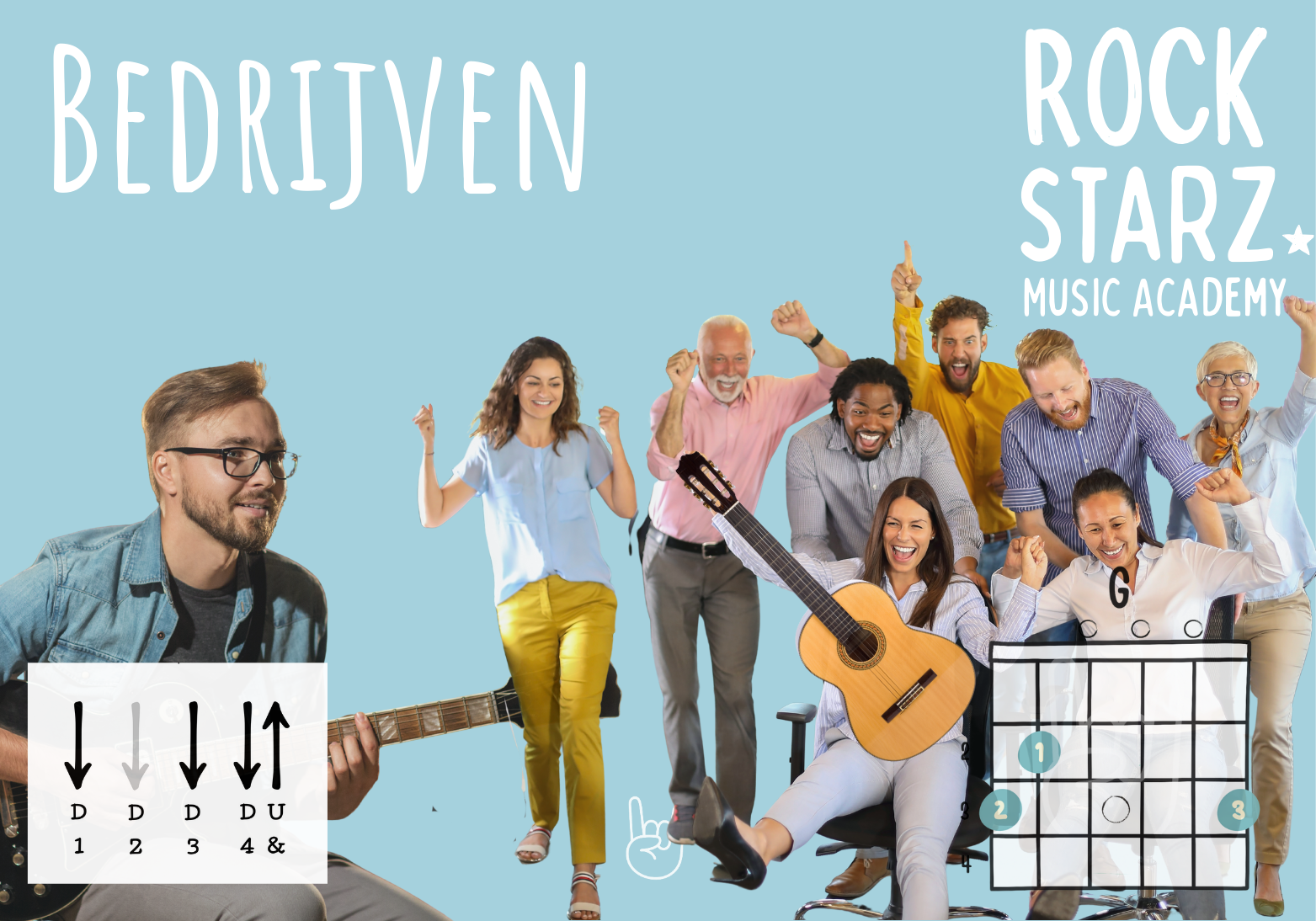 Group of diverse people celebrating, with musical instruments and a guitar. The background features text: 'BEDRIVEN' and 'ROCK STARZ MUSIC ACADEMY'. There is a diagram of guitar chords and a guitar fretboard chart.