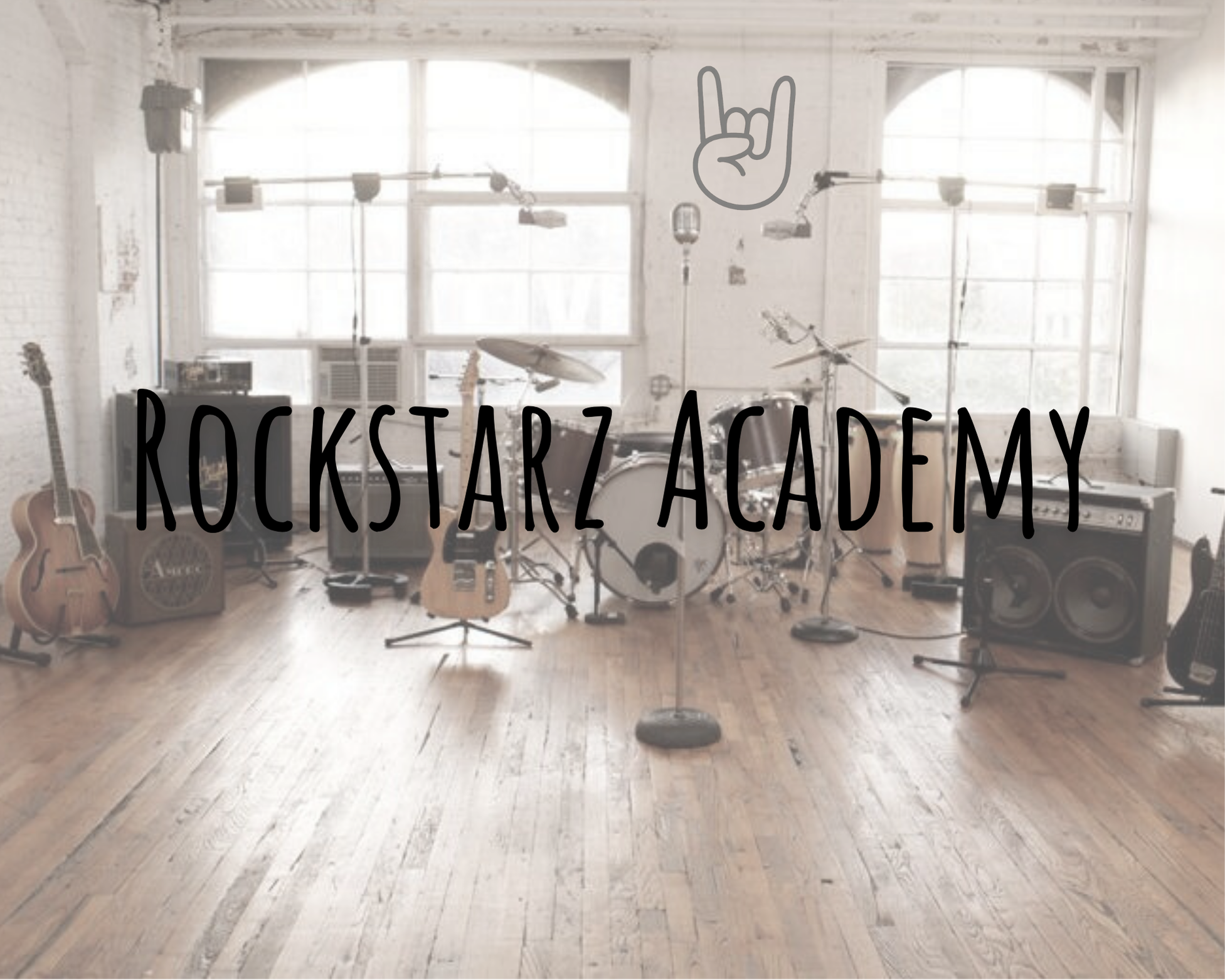 A music rehearsal studio with various instruments including guitars, drums, and amplifiers, set up in front of large windows, with the text "ROCKSTARZ ACADEMY" overlaid and a hand-drawn guitar sign above.
