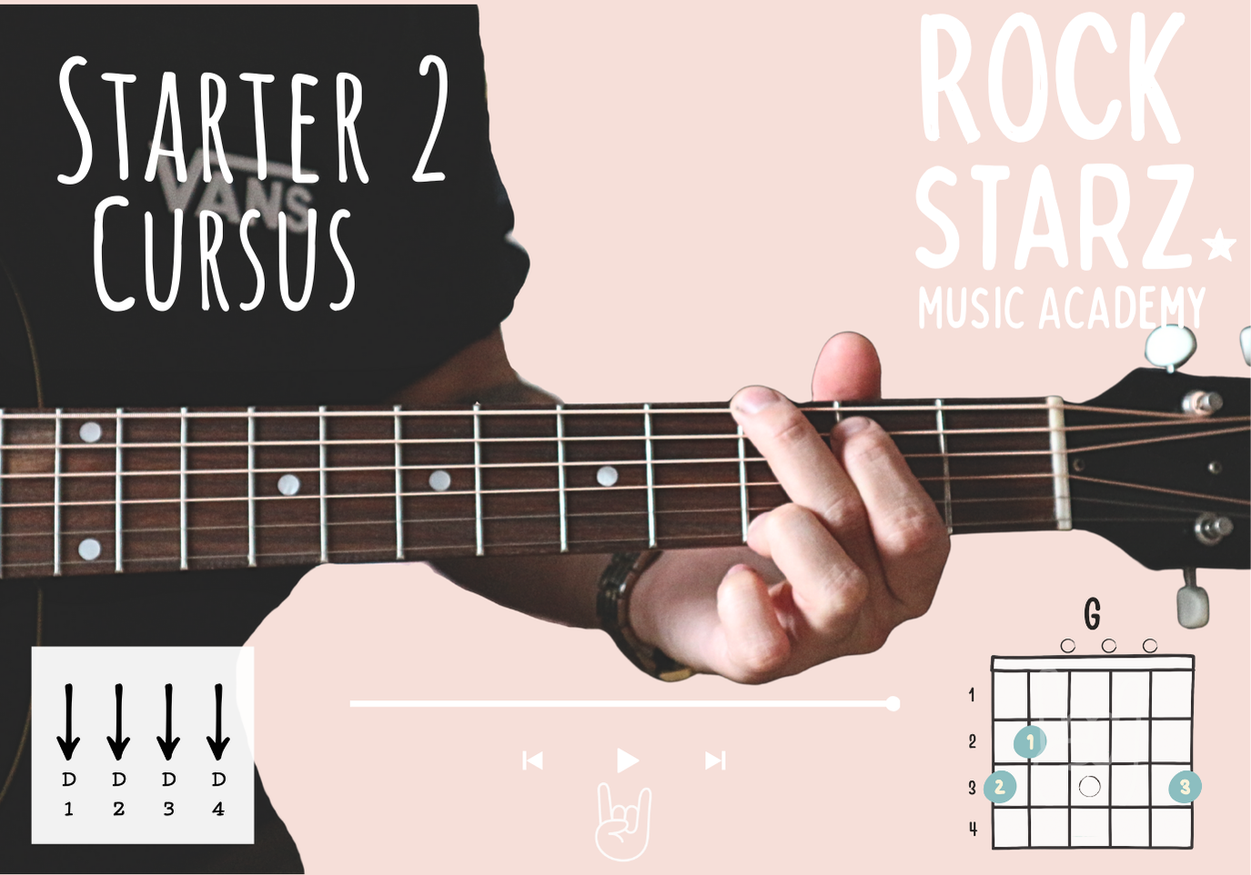 Online guitar course advertisement with a person playing guitar, displaying guitar chords, with text promoting a 'Starter 2 Cursus' at Rock Starz Music Academy, featuring certification and instructional elements.
