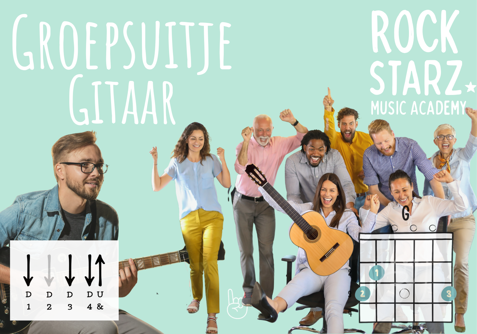 Group of cheerful diverse people celebrating with musical instruments, guitar, and a chord chart. The background has music-related words like 'GROEPSUITJE,' 'GITAR,' 'ROCK STARZ,' and 'MUSIC ACADEMY.'