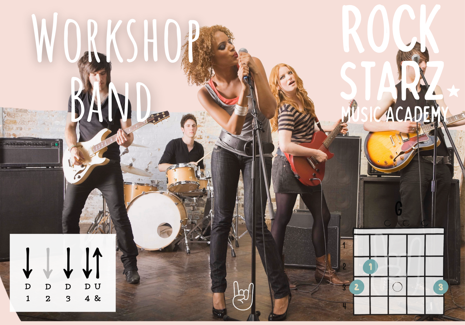 A band of four young musicians performing in a studio with a brick wall background, with overlayed text reading "Workshop Band" and "Rock Starz Music Academy," and diagrams of musical notations including a guitar chord chart and an arrow pattern for a rhythm.