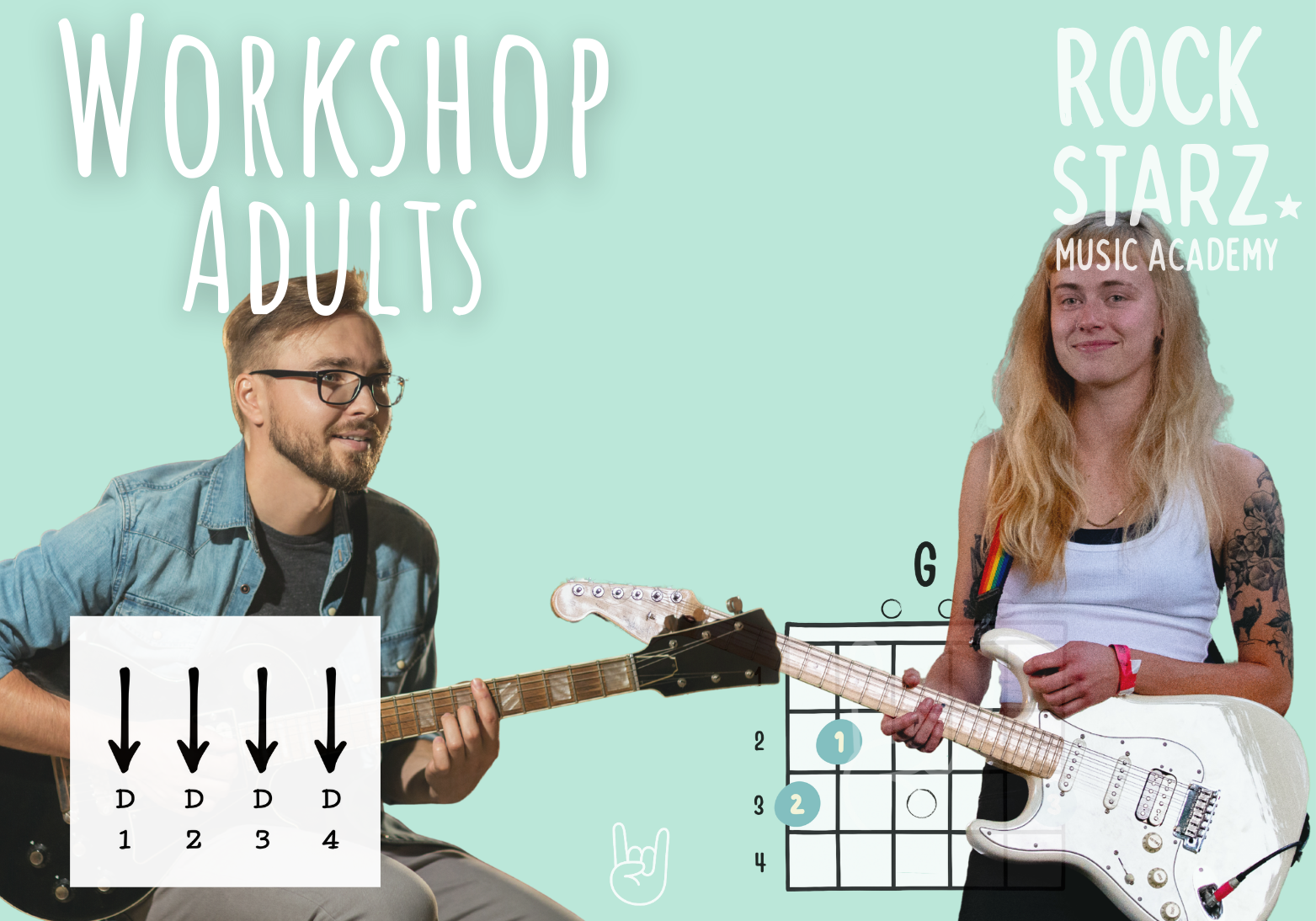 An instructional graphic for an adult rock music workshop by Rock Starz Music Academy featuring a man and a woman holding electric guitars, with chords, and a guitar tab chart in the background.