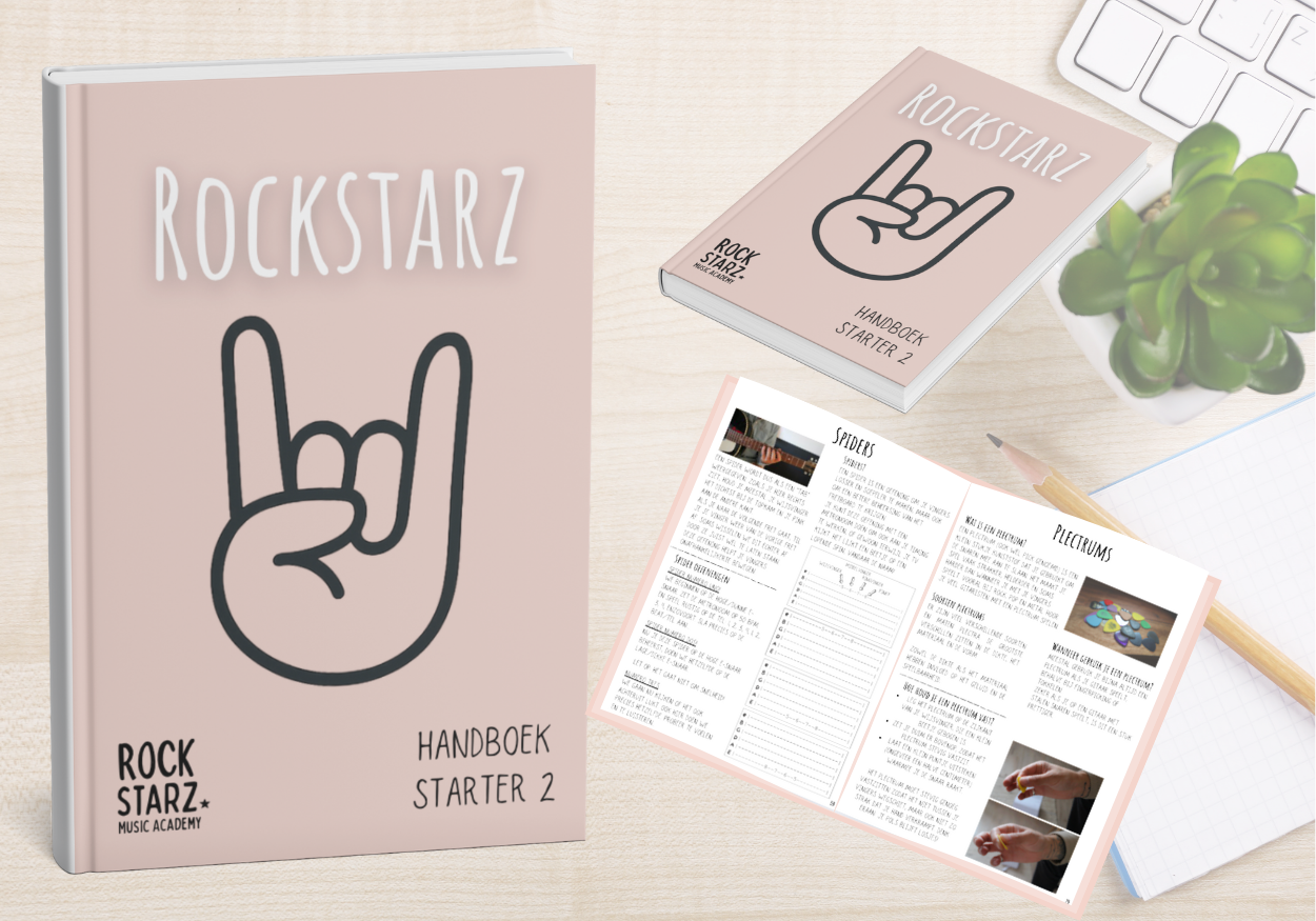 Music lesson workspace with a pink handbook titled 'Rockstarz Handboek Starter 2', an open brochure, a white keyboard, a green succulent, and lined paper with a pencil on a light wood desk.