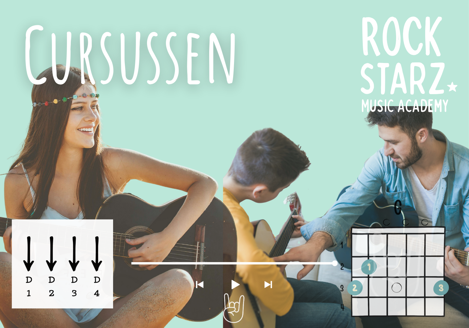 Three young people playing guitars and singing together in a music class or workshop, with sheet music and chord diagrams displayed on the image, and the text "Cursussen" and "Rock Starz Music Academy".