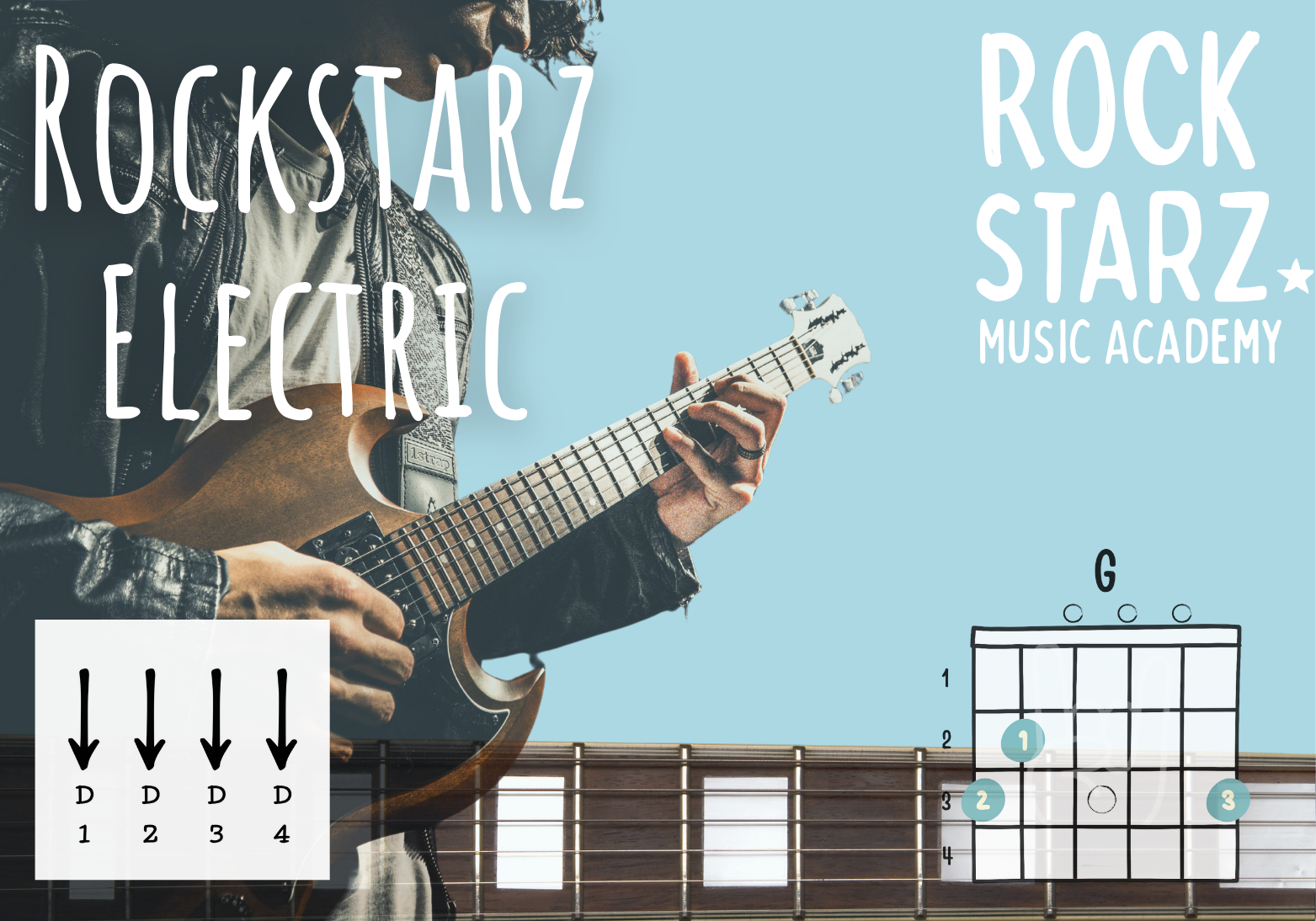 A person playing an electric guitar with text overlay promoting Rockstarz Electric Rock Starz Music Academy, showing guitar chord diagram and strumming pattern with downward arrows on a light blue background.