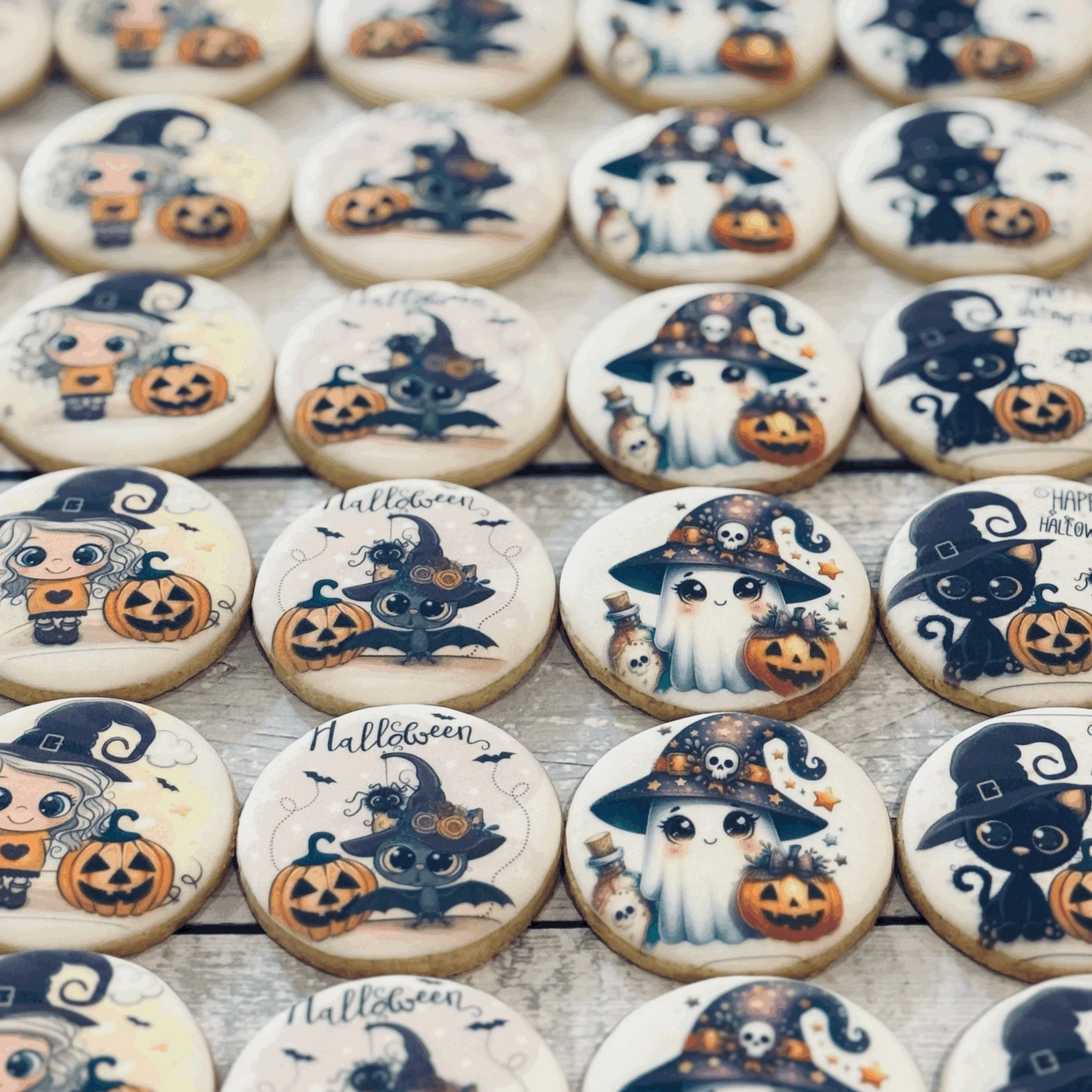 Collection of decorated Halloween cookies featuring witches, ghosts, and bats on a wooden surface.