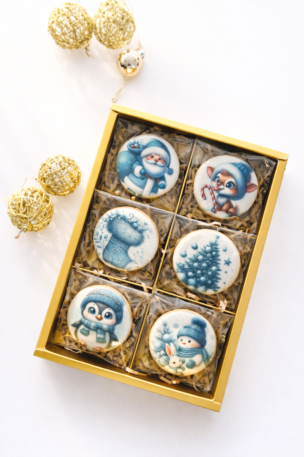 A gift box containing Christmas-themed cookies with blue and white illustrations, including a snowman, a penguin, a reindeer, a Christmas tree, and Santa Claus.
