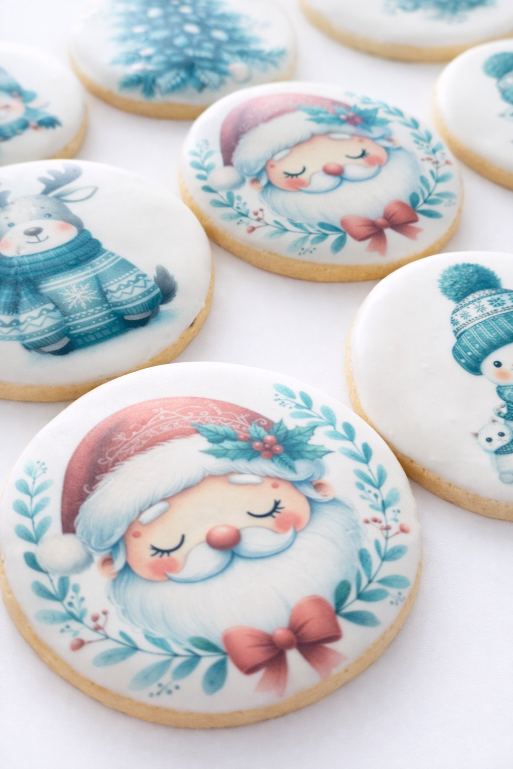 Christmas-themed cookies with illustrations of Santa Claus, a reindeer, a snowman, and a bear, decorated in festive colors.