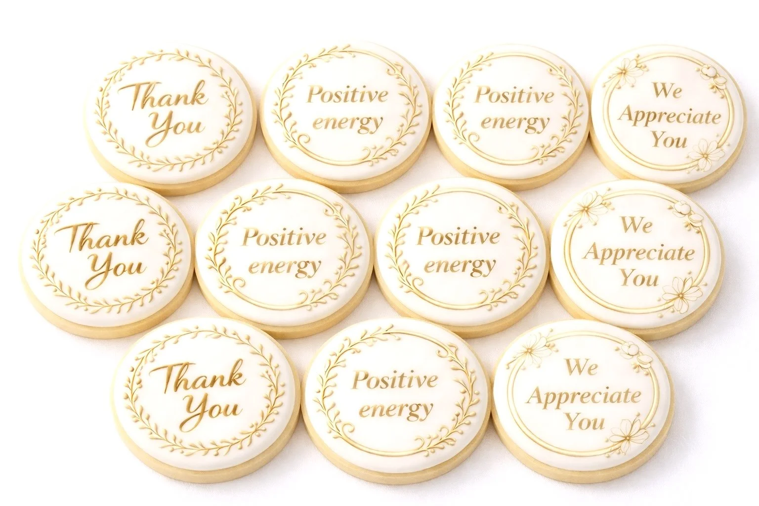 A gift box containing decorated cookies in celebration of New Year's, with a champagne bottle-shaped cookie, stars, a cloud, a clock, and a message cookie reading 'Thank You'.