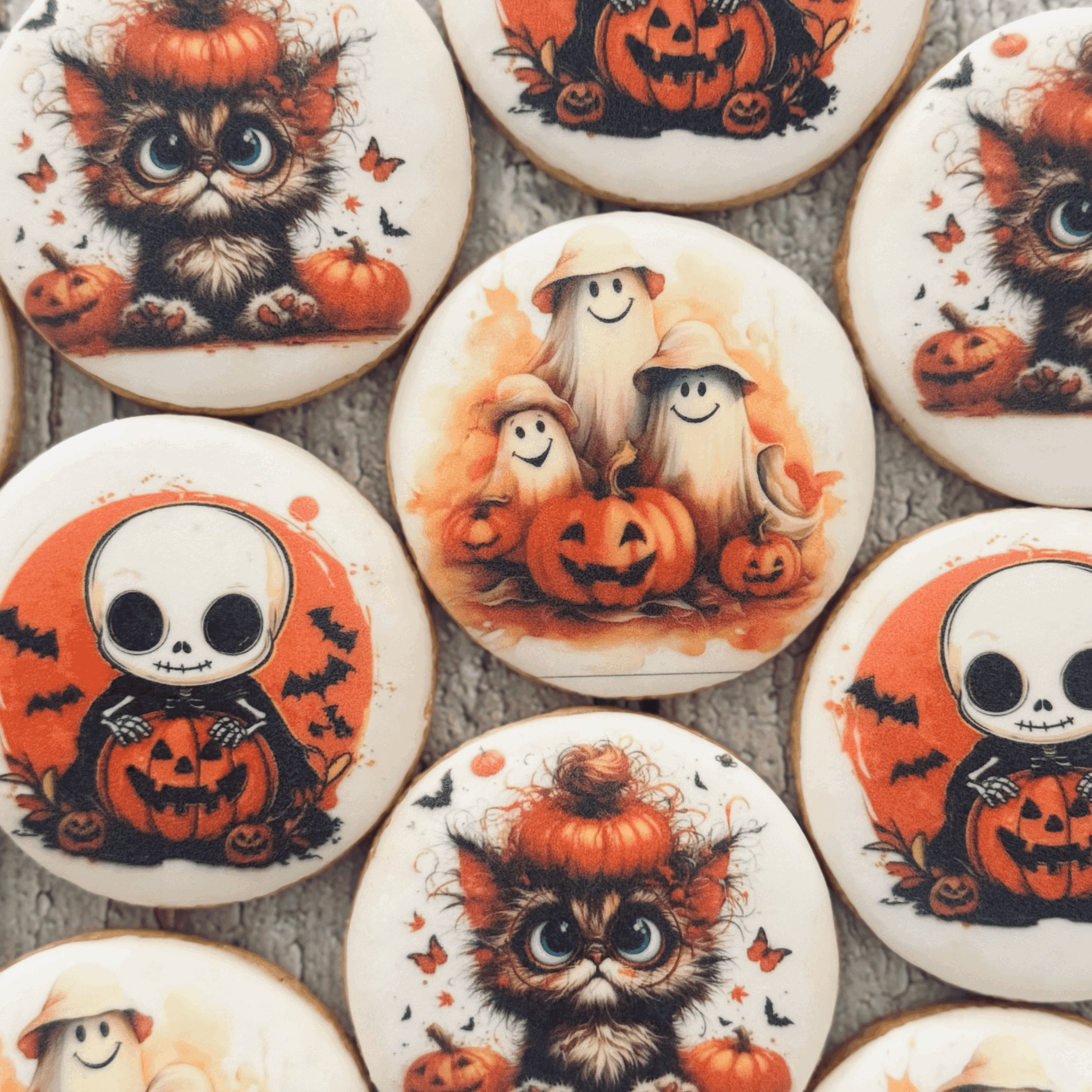 Halloween-themed decorated cookies with various images of cute cats, skeletons, ghosts, and pumpkins, featuring festive orange, black, and white colors.