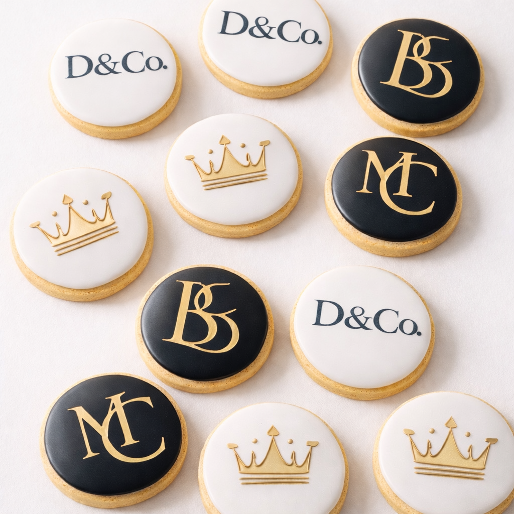 Decorative cookies with gold initials and royal symbols on white and black icing, arranged on a marble surface.