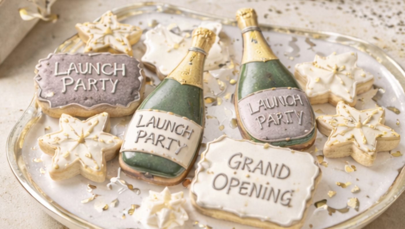 Decorated cookies on a tray celebrating a grand opening and launch party, featuring champagne bottles, stars, and message cookies.
