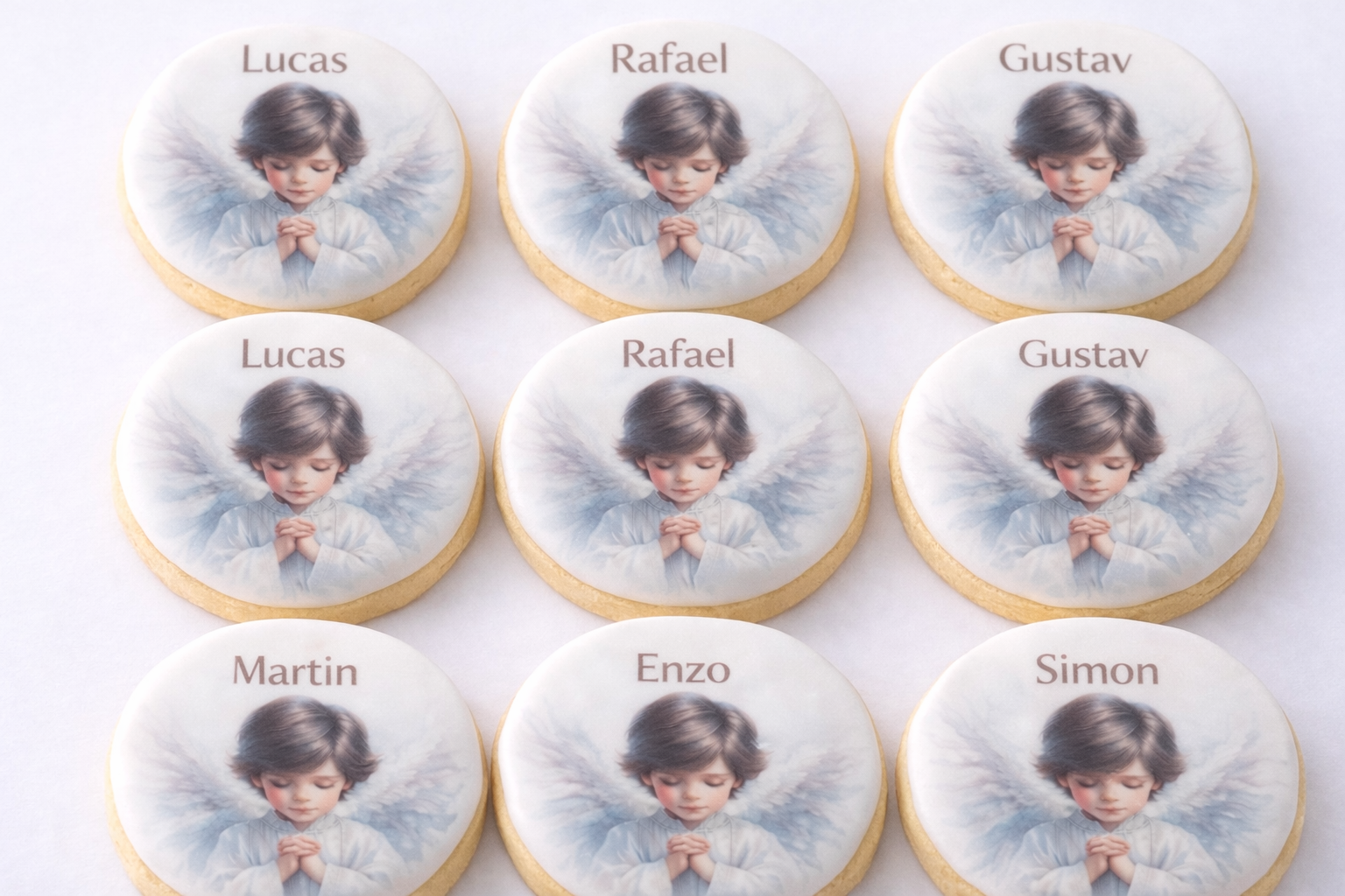 Decorative cookie featuring an illustration of a young angel with praying hands, brown hair, and white wings, with the name 'Martin' printed above.