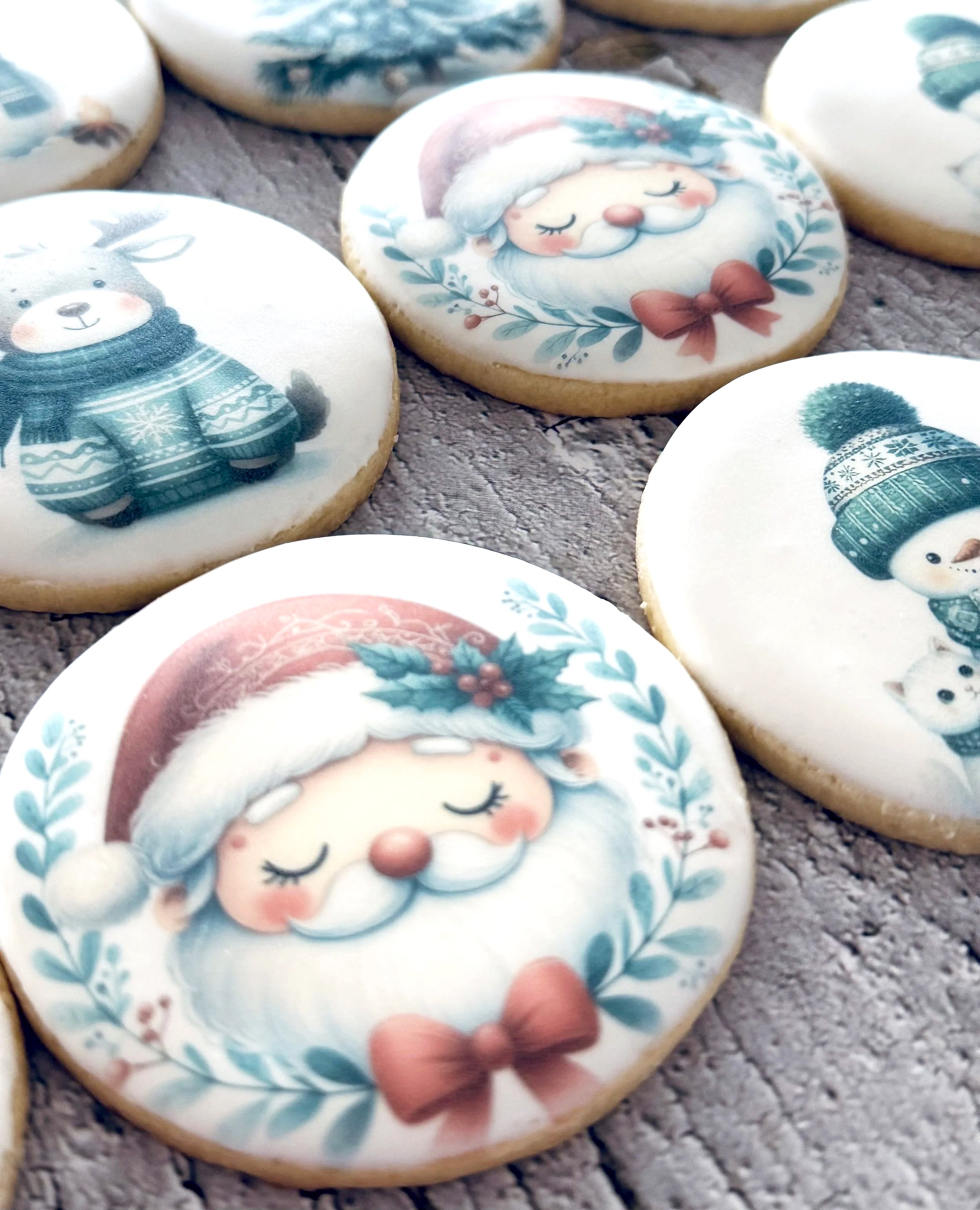 Christmas-themed cookies with illustrations of Santa Claus, a reindeer, a snowman, and a bear, decorated in festive colors.