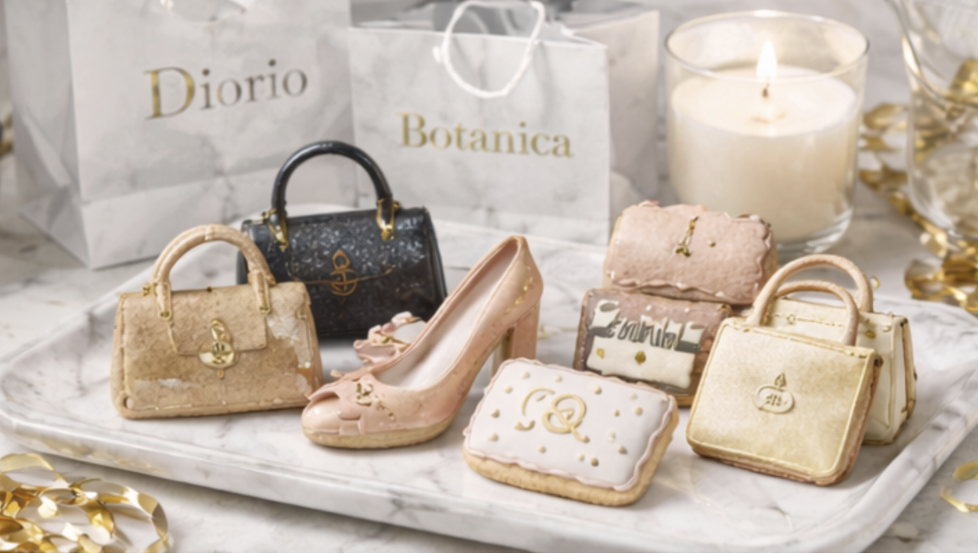 Decorative display of miniature designer handbags, high-heeled shoe cookies, and decorated cookies on a marble tray, with candles and shopping bags in the background.