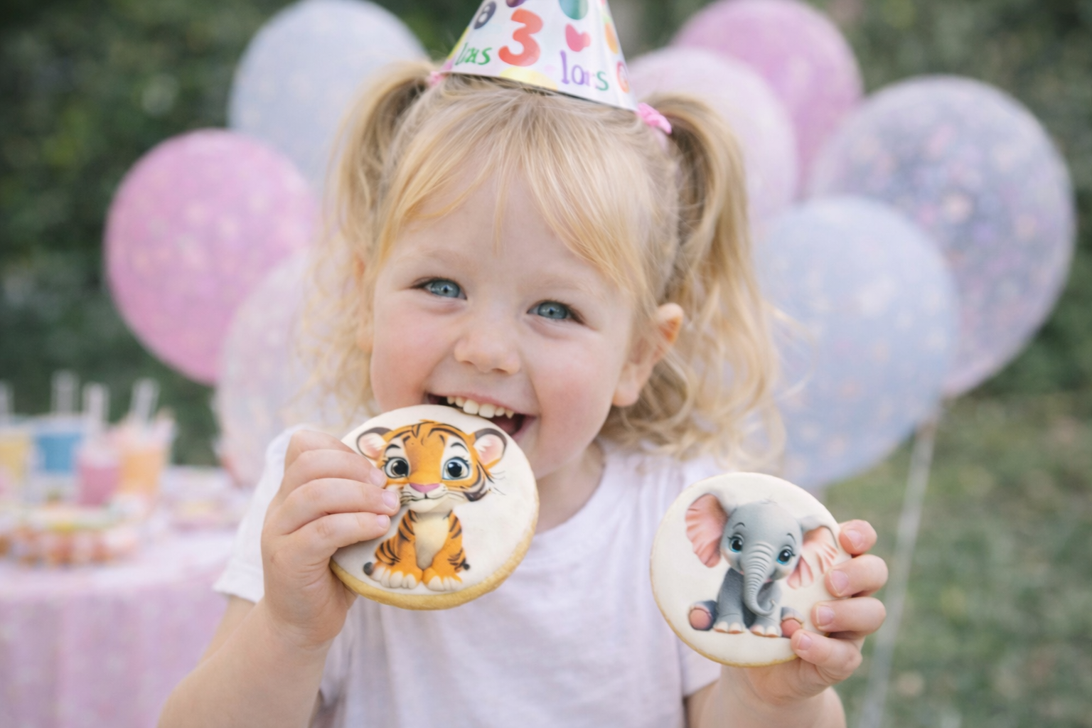 Decorative cookies with animals from the movie Madagascar, including a zebra, a lion, a monkey, an elephant, a giraffe, and a zebra-patterned number 4, arranged on a rustic wooden surface.
