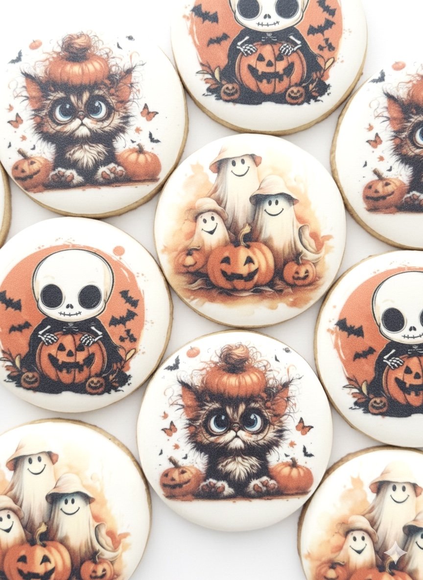 Halloween-themed decorated cookies with various images of cute cats, skeletons, ghosts, and pumpkins, featuring festive orange, black, and white colors.