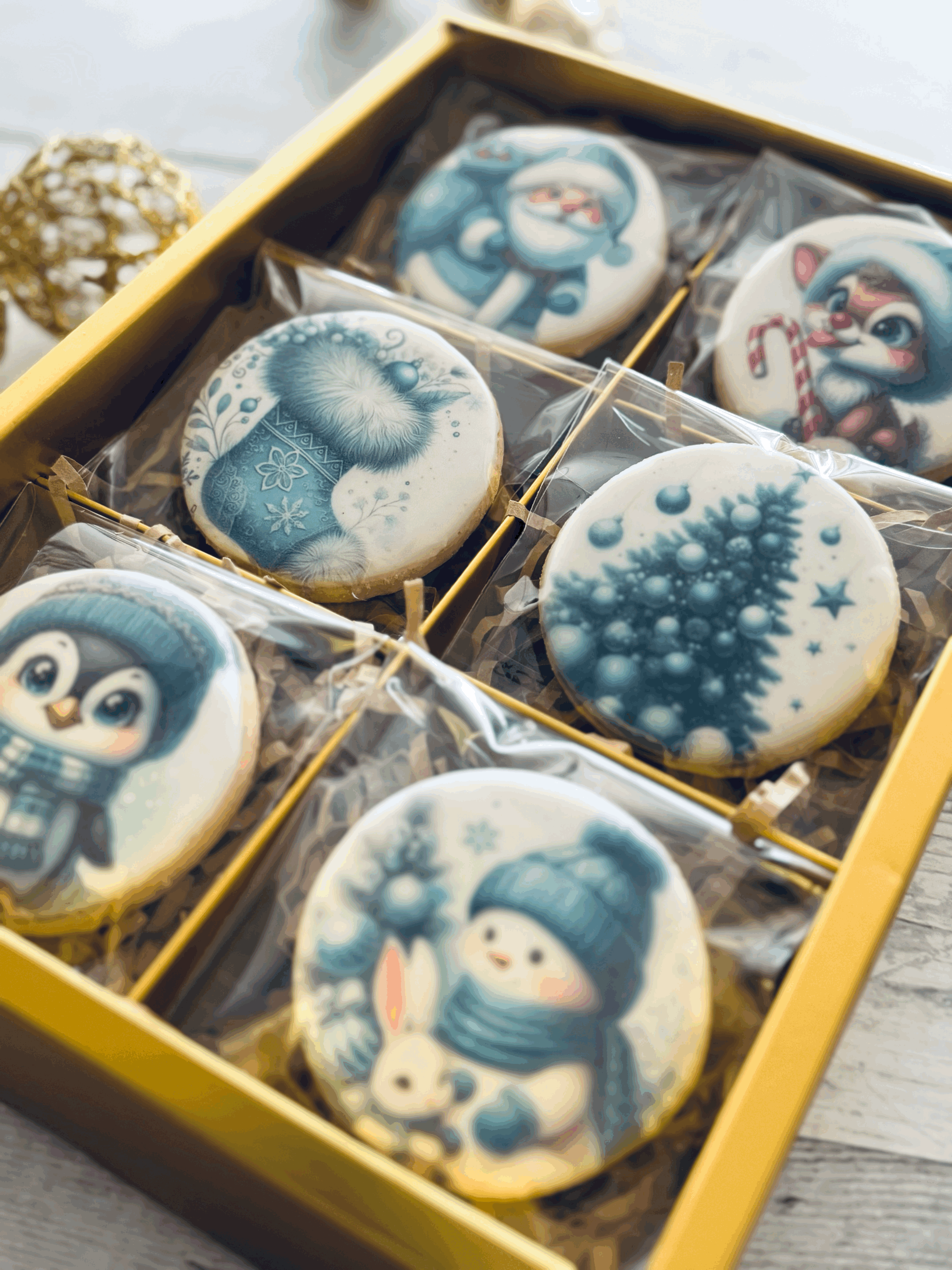 A gift box containing Christmas-themed cookies with blue and white illustrations, including a snowman, a penguin, a reindeer, a Christmas tree, and Santa Claus.