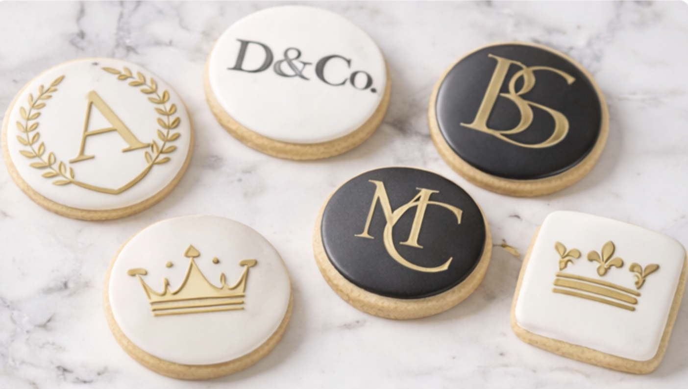 Decorative cookies with gold initials and royal symbols on white and black icing, arranged on a marble surface.