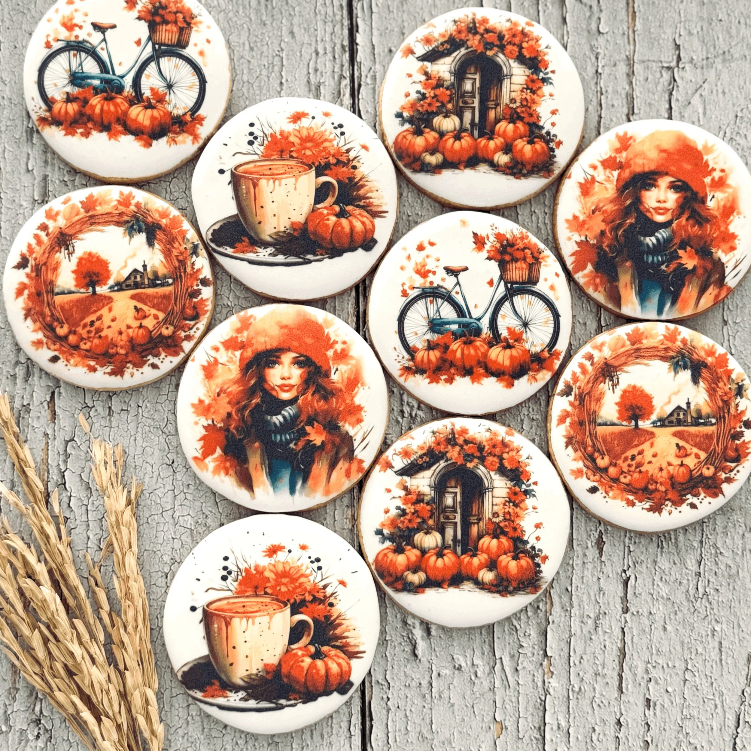 Decorative cookies with autumn-themed designs including pumpkins, a bicycle, a girl with a red hat, a cup of coffee, and a fall landscape, arranged on a rustic wooden surface.