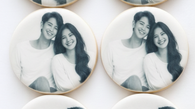 Collection of circular photo magnets with a smiling young girl with brown hair in pigtails, wearing a white shirt, on a light-colored surface.
