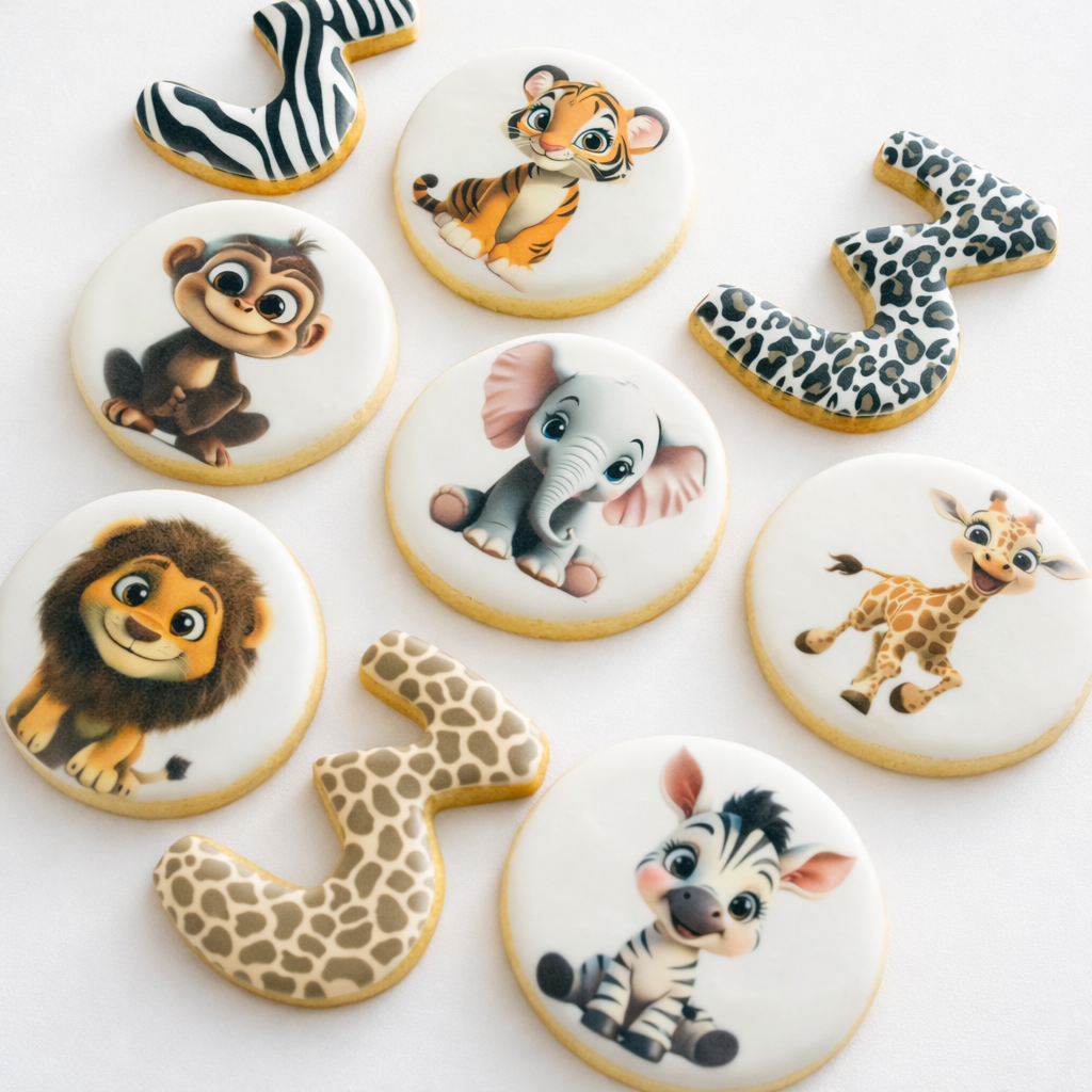 Decorative cookies with cartoon animals and letter shapes on a wooden surface, featuring a zebra, tiger, monkey, elephant, lion, giraffe, and zebra.