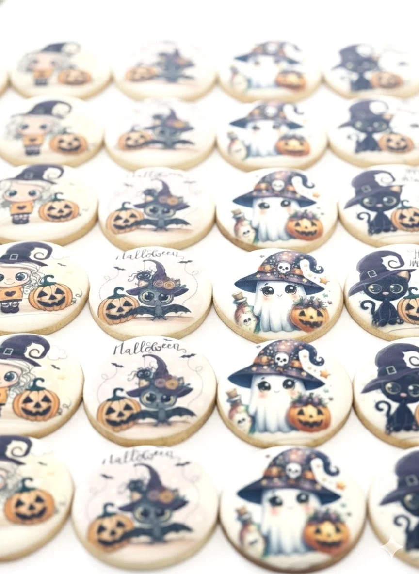Collection of decorated Halloween cookies featuring witches, ghosts, and bats on a wooden surface.