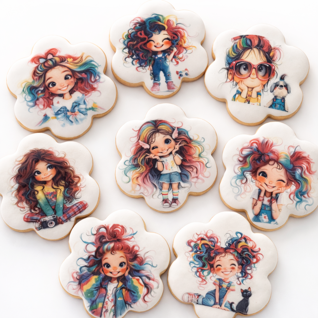 A set of cookies decorated with colorful, cartoon-style illustrations of a young girl with multicolored, curly hair and various playful poses.