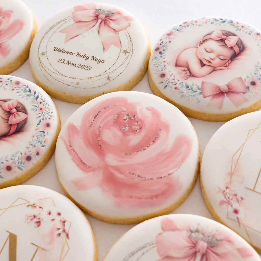 Decorative cookies with baby-themed designs and messages, featuring portraits of a sleeping baby girl with a pink bow, floral wreaths, and a message welcoming baby Naya on November 23, 2025.