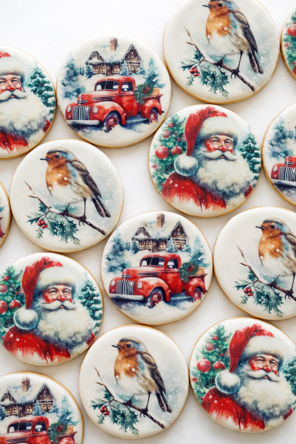 Assorted Christmas cookies decorated with images of Santa Claus, a red vintage truck, a robin bird on a branch, and a Christmas tree with ornaments.
