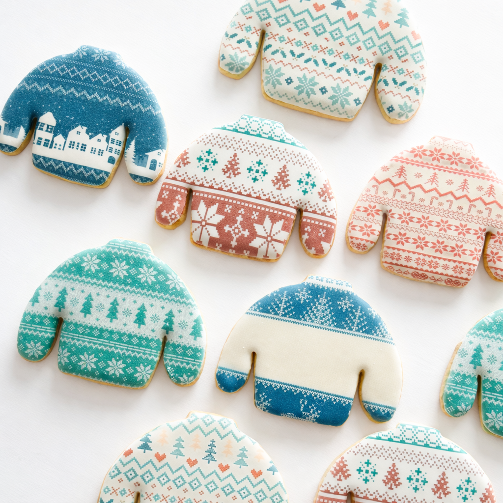 Assorted decorated Christmas cookies shaped like mittens with various festive patterns laid on a white wooden surface.