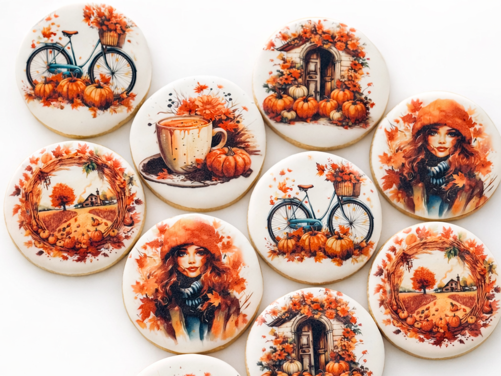 Decorative cookies with autumn-themed designs including pumpkins, a bicycle, a girl with a red hat, a cup of coffee, and a fall landscape, arranged on a rustic wooden surface.