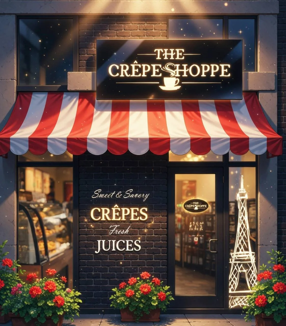 Front of a crepe shop with a brick facade, red and white striped awning, illuminated sign reading 'The Crépe Shoppe,' and decorative neon signs including a model of the Eiffel Tower