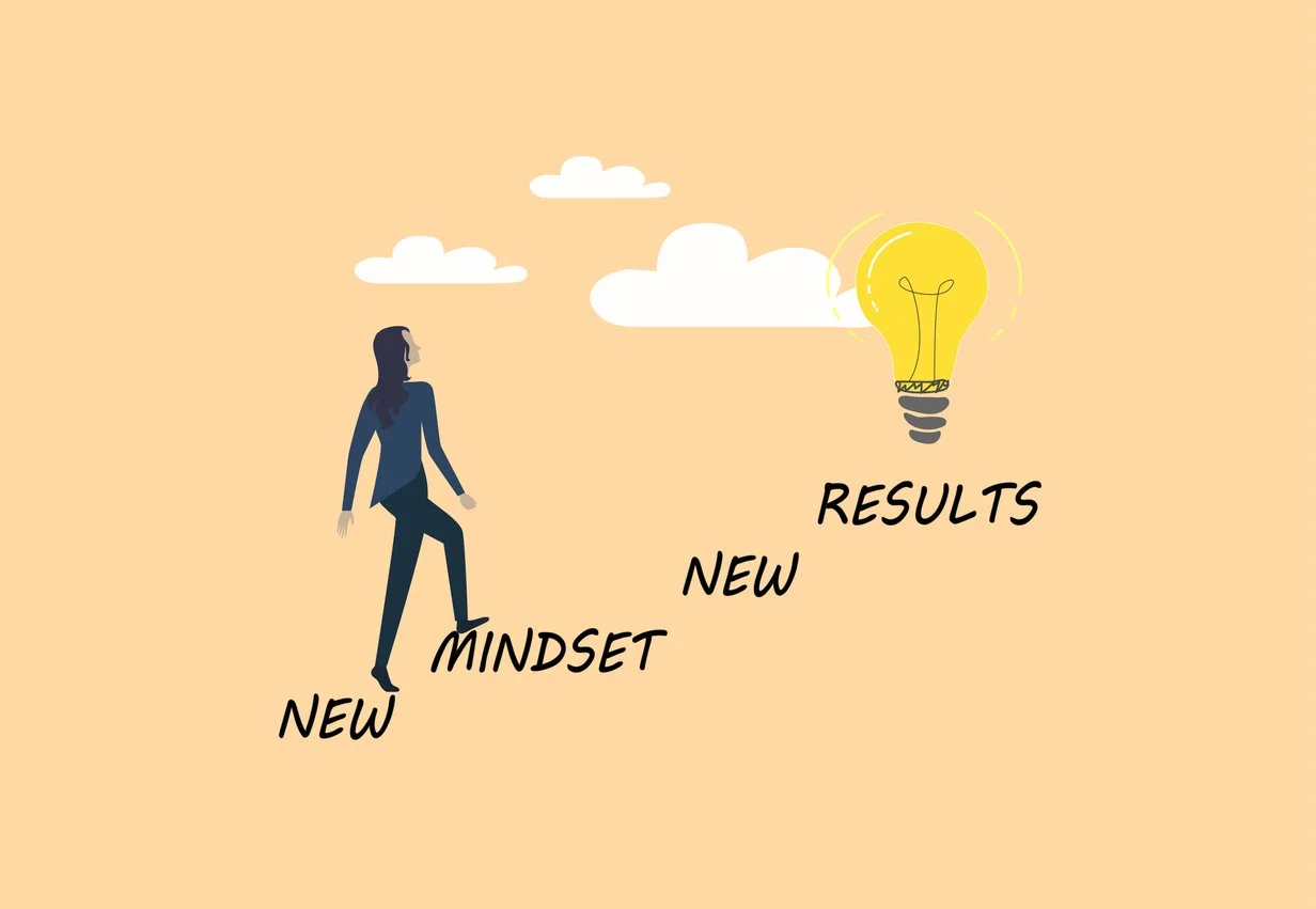 Illustration of a woman walking up steps labeled 'New Mindset, New Results' toward a glowing yellow light bulb connected to clouds in the sky, symbolizing ideas or inspiration.