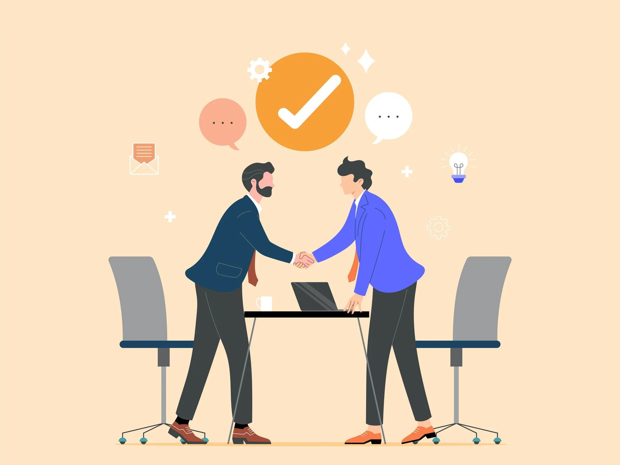 Two men in business attire shaking hands in an office, with empty chairs behind them and a laptop on the table. Above them are icons of a large checkmark, speech bubbles, a gear, a light bulb, and a letter, indicating agreement or successful collaboration.