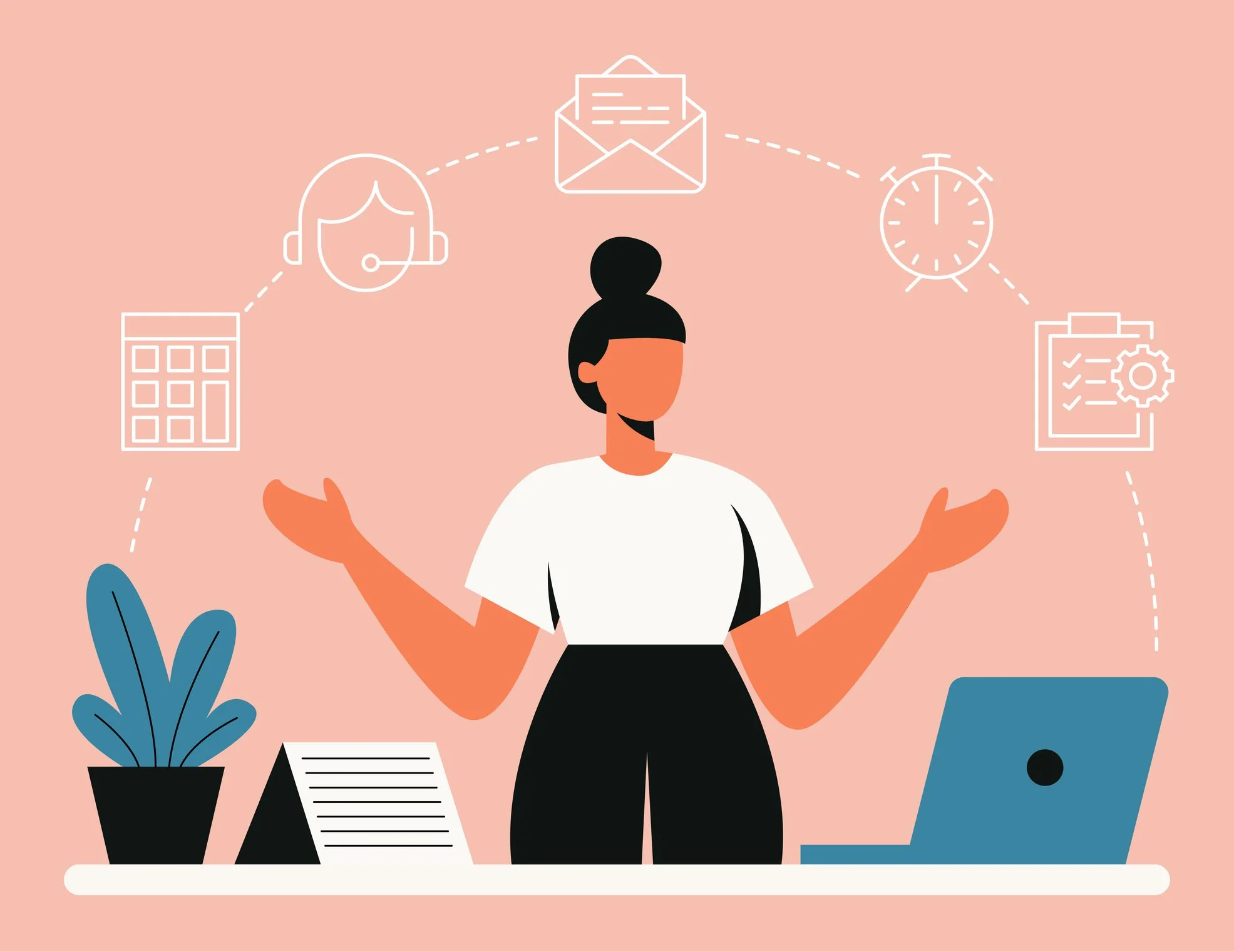 Illustration of a woman working at a desk with a laptop, plant, and papers, surrounded by icons representing communication, time management, tasks, and scheduling.