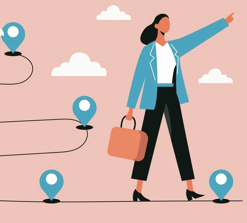 An illustrated woman in business attire holding a briefcase, standing on a route marked by location pins with connecting lines, against a pink sky with clouds.