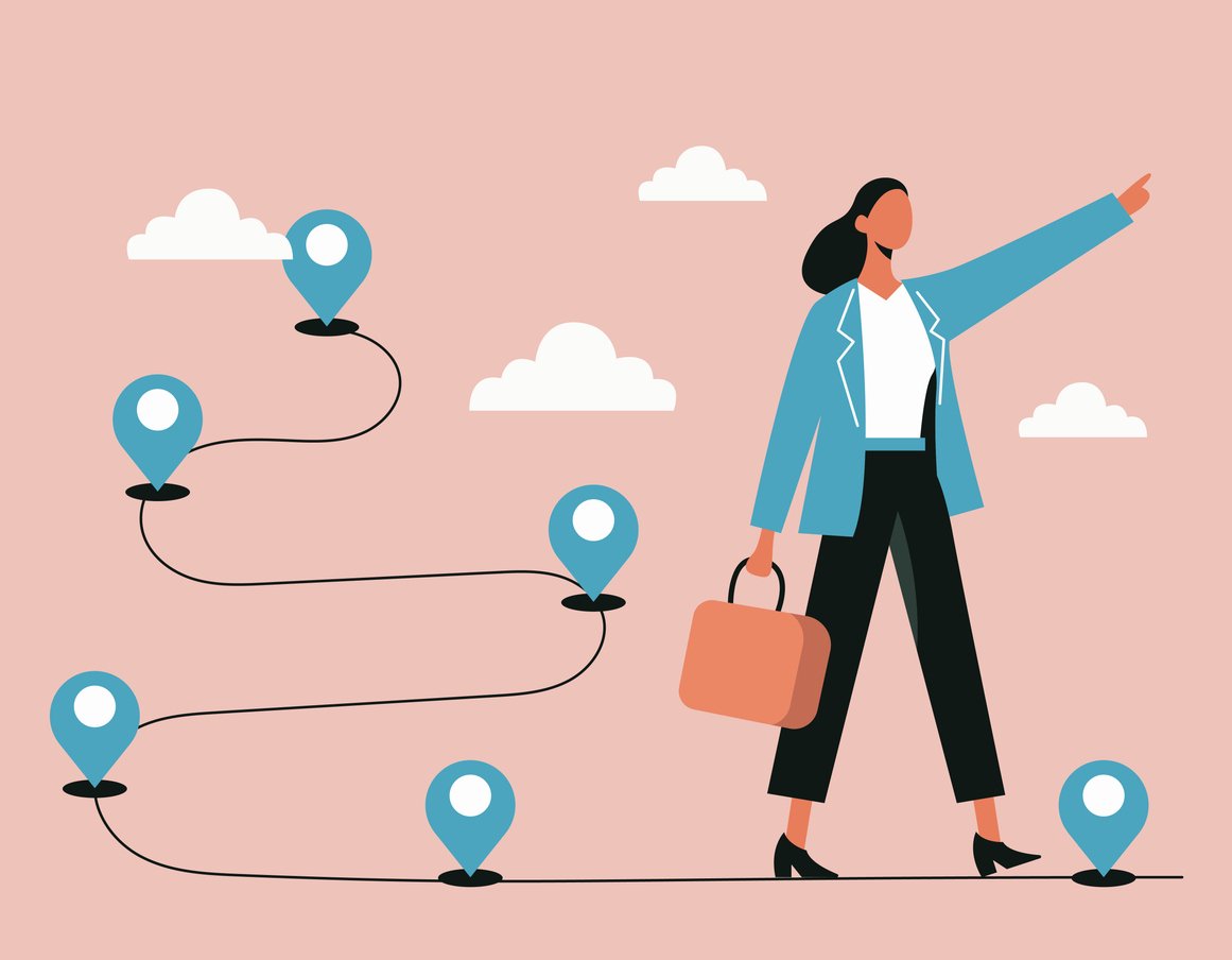 Illustration of a woman in business attire walking on a path with multiple location markers, pointing forward with clouds in the background.