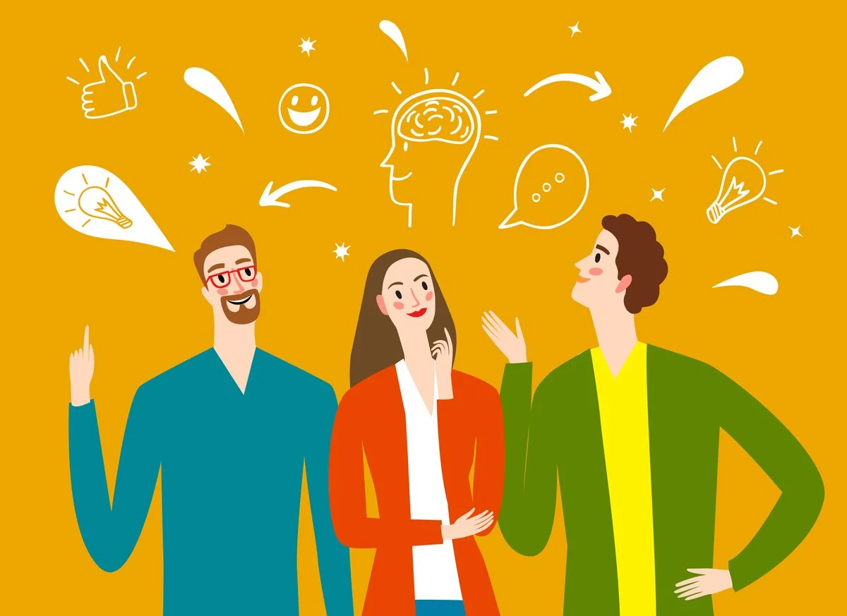 Three people engaging in a creative discussion with illustrated ideas about the brain, communication, and innovation around them.