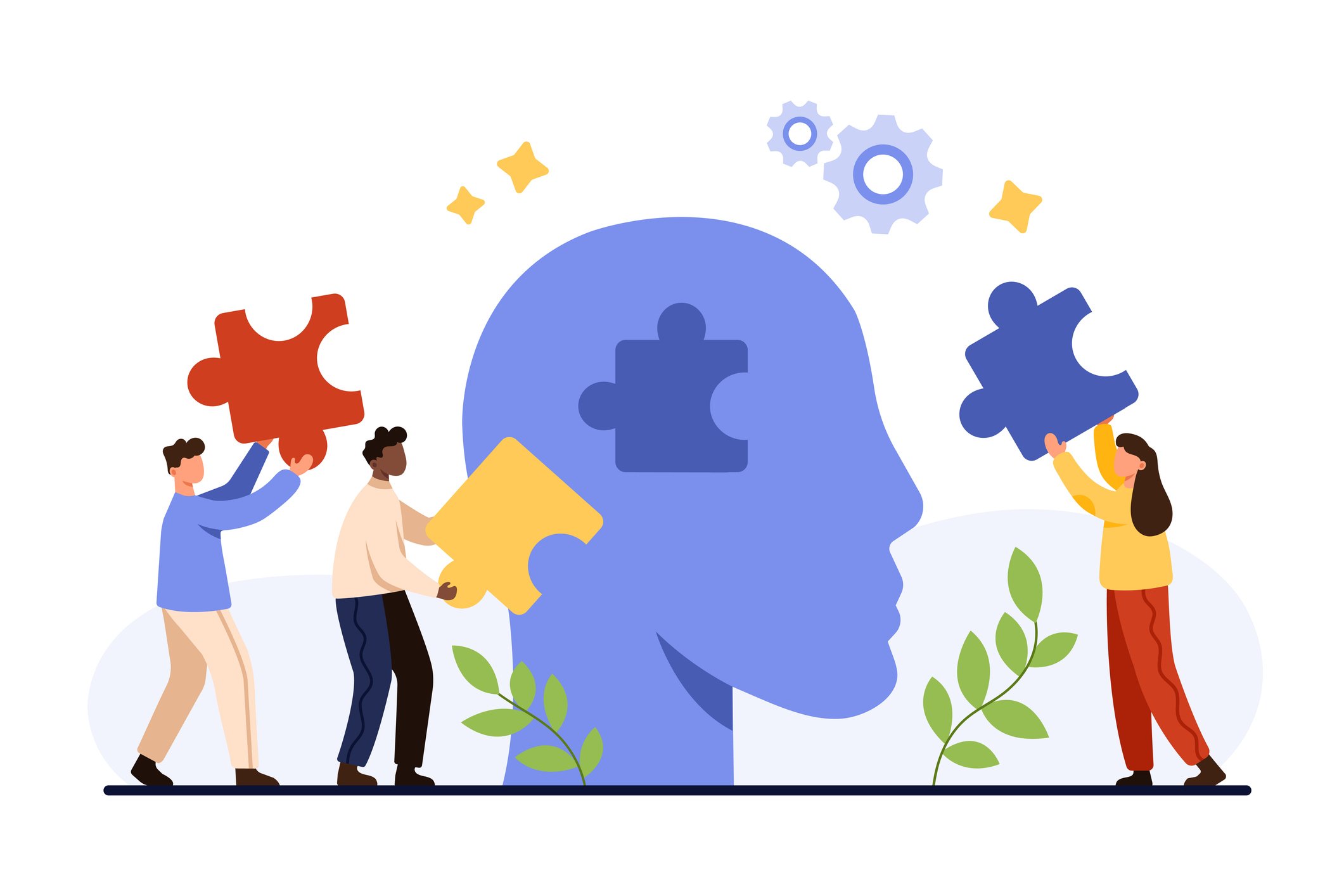 Illustration of three people assembling puzzle pieces to form a human head profile with gears and puzzle pieces.