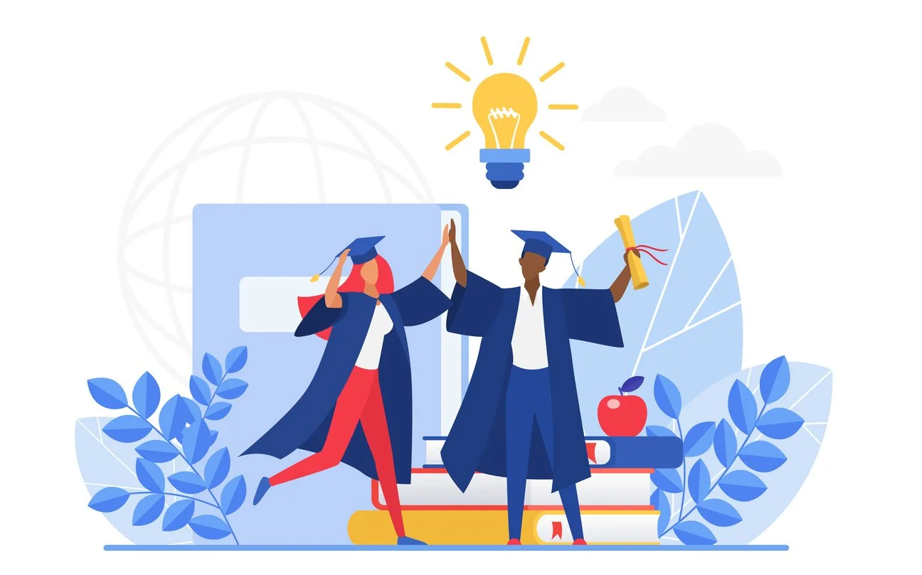 Two graduates in caps and gowns celebrating with high fives, holding a diploma, surrounded by plants, books, an apple, and a large screen, with a light bulb above symbolizing ideas.