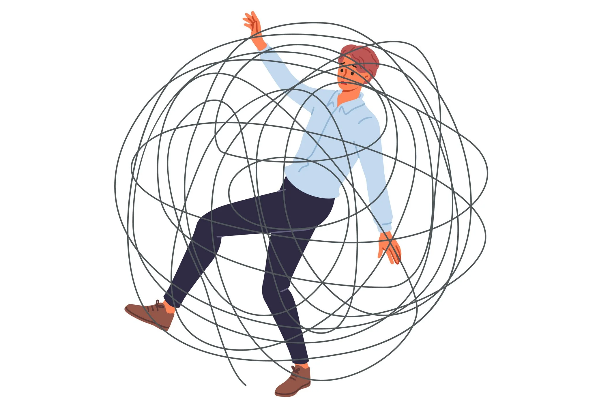 A person dressed in a light blue shirt and dark pants is entangled in a chaotic web of black lines, appearing overwhelmed or trapped.