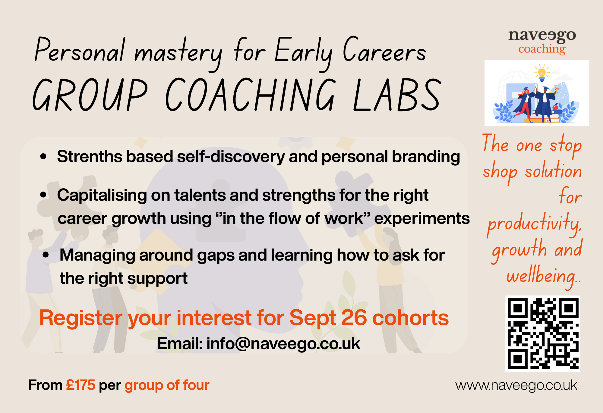 Flyer advertising Naveego Group Coaching Labs for early career individuals, focusing on self-discovery, talents, and support management, with registration details and a QR code.