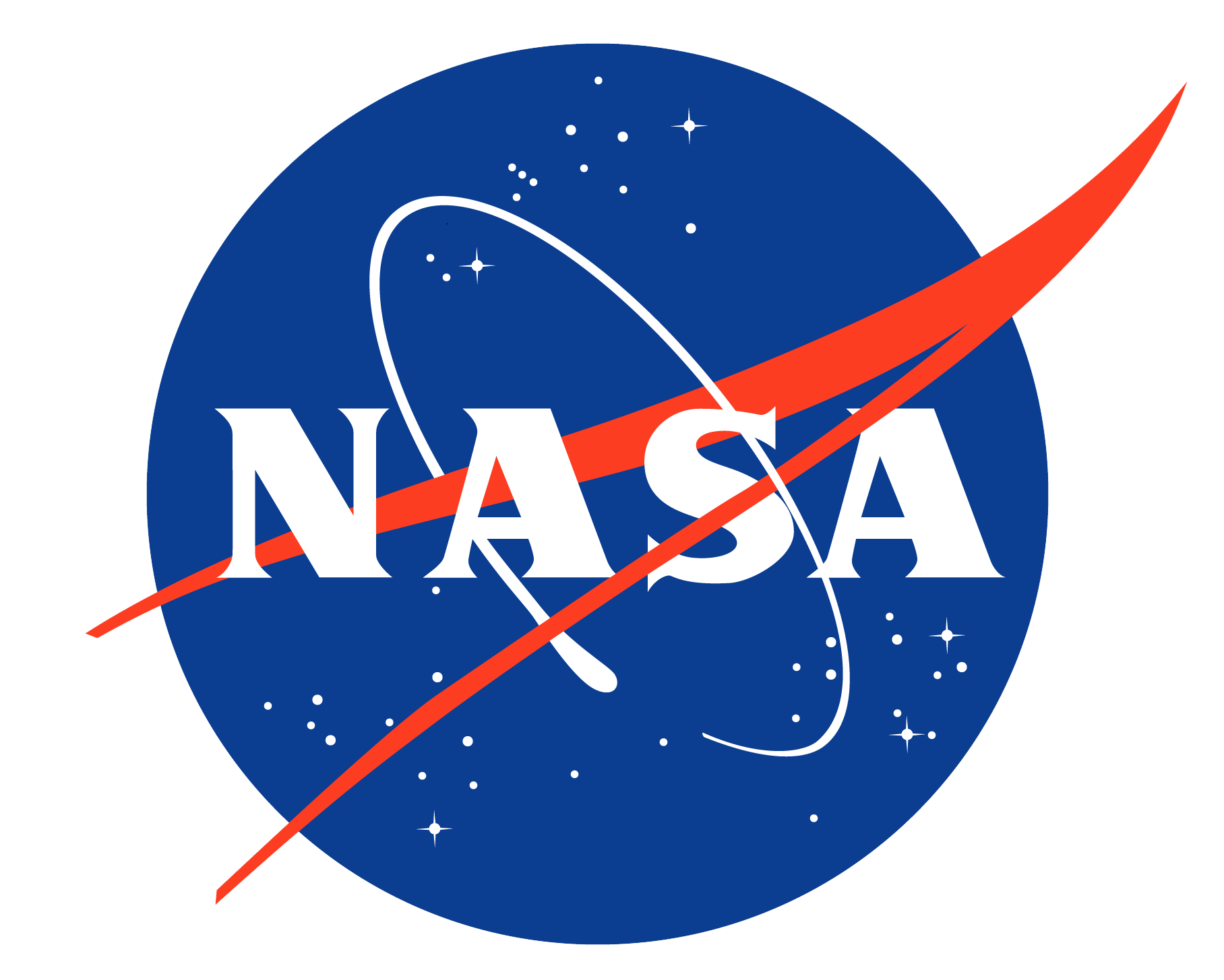 NASA logo with a blue circle, white lettering, red swoosh, and white stars and orbital paths in the background.